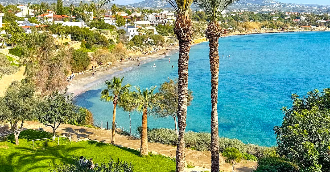 Coral Bay near Paphos: tall palms above a curve of golden sand and calm blue water, with whitewashed resort buildings stepping up the hillside behind