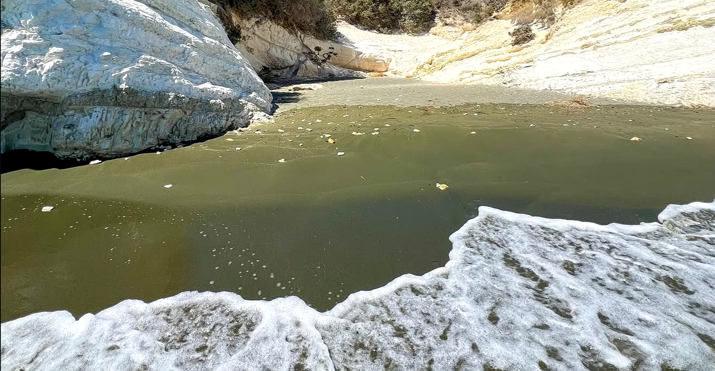 Governor's Beach near Limassol: white chalk cliffs flanking a small cove of dark grey sand, scrub on the clifftops and a wave breaking into the green-tinged shallows